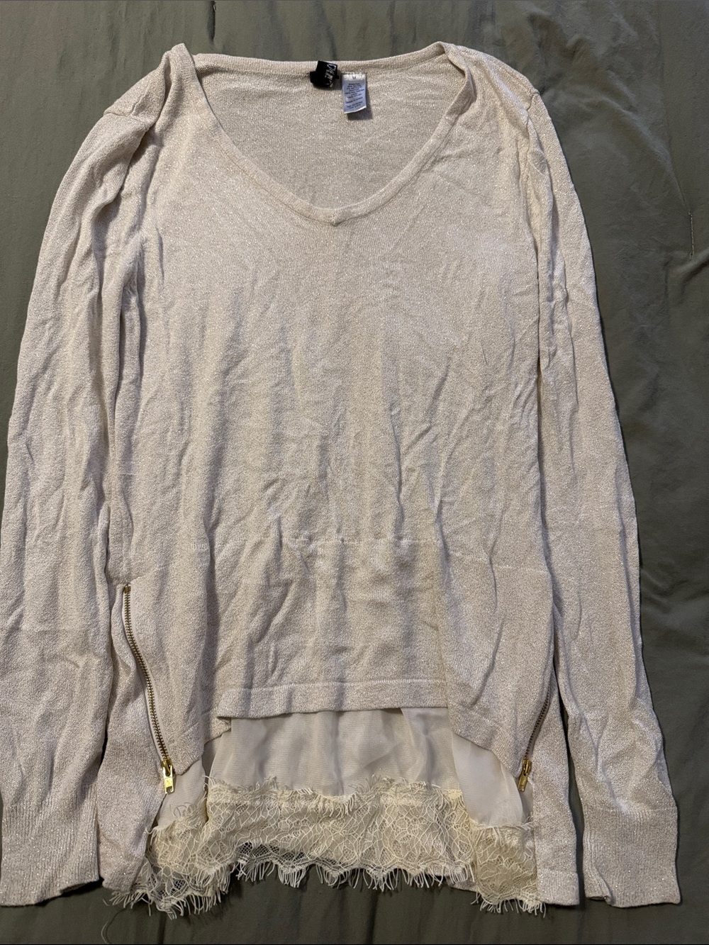 Buckle Cream V-Neck Lace-Hem Sweater with Gold Zippers & Sparkles